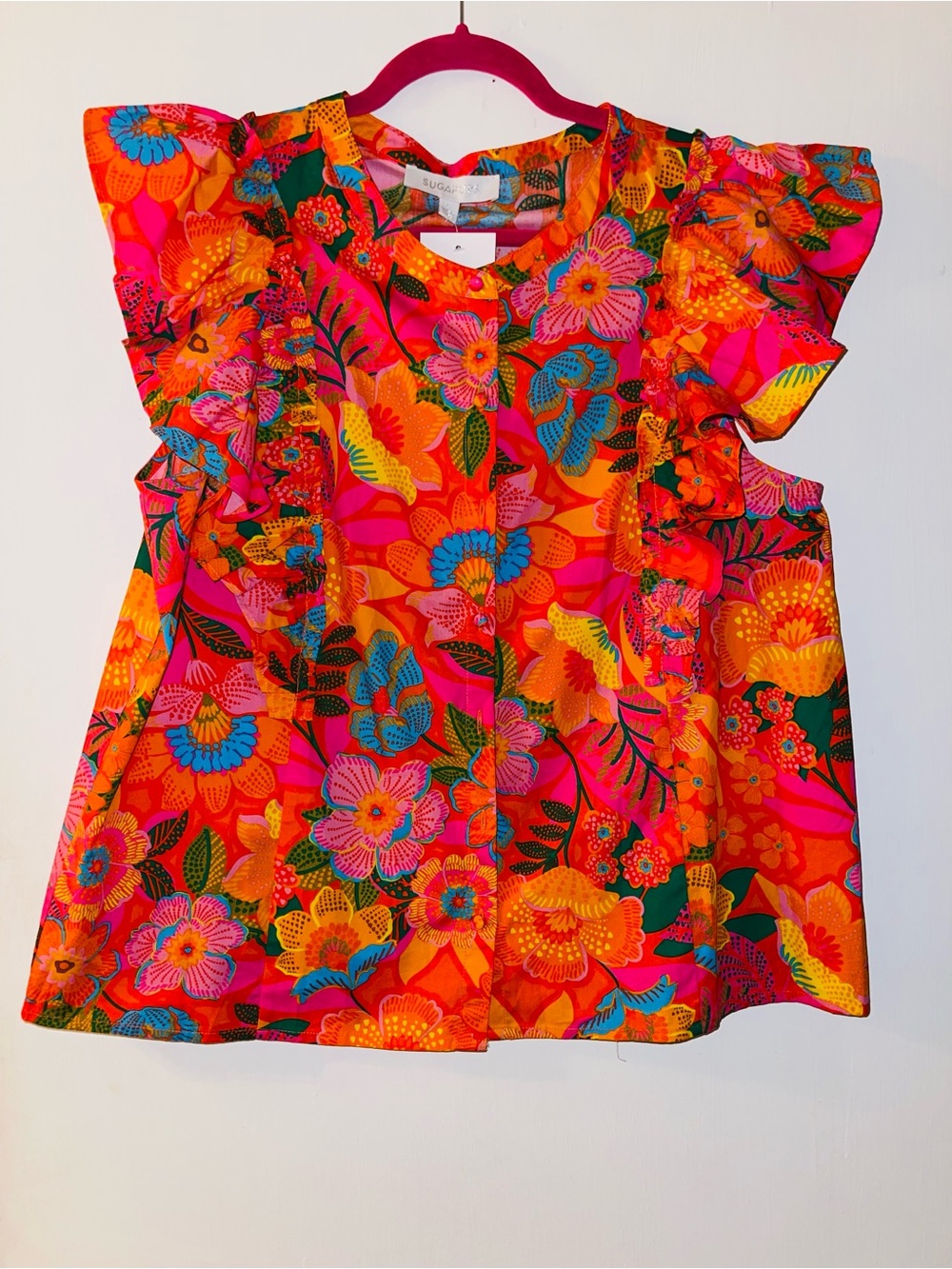 Sugarlips Bright Floral Flutter Sleeve Top - Hot Pink, Orange & Blue